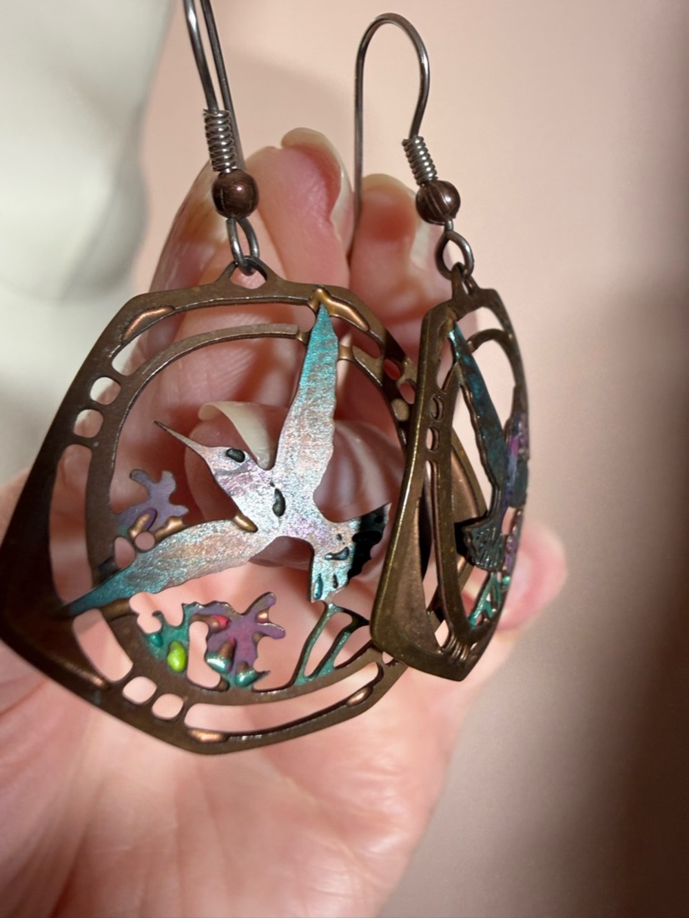 Artisan Handmade humming bird mixed metal vintage southwestern earrings - Picture 11 of 13